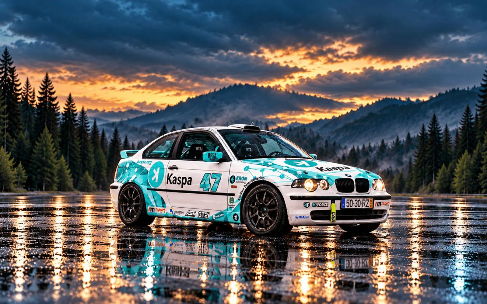 The Kaspa Rally BMW, number 47, in white and teal livery on wet ground at sunset, with mountains and pine forest behind it