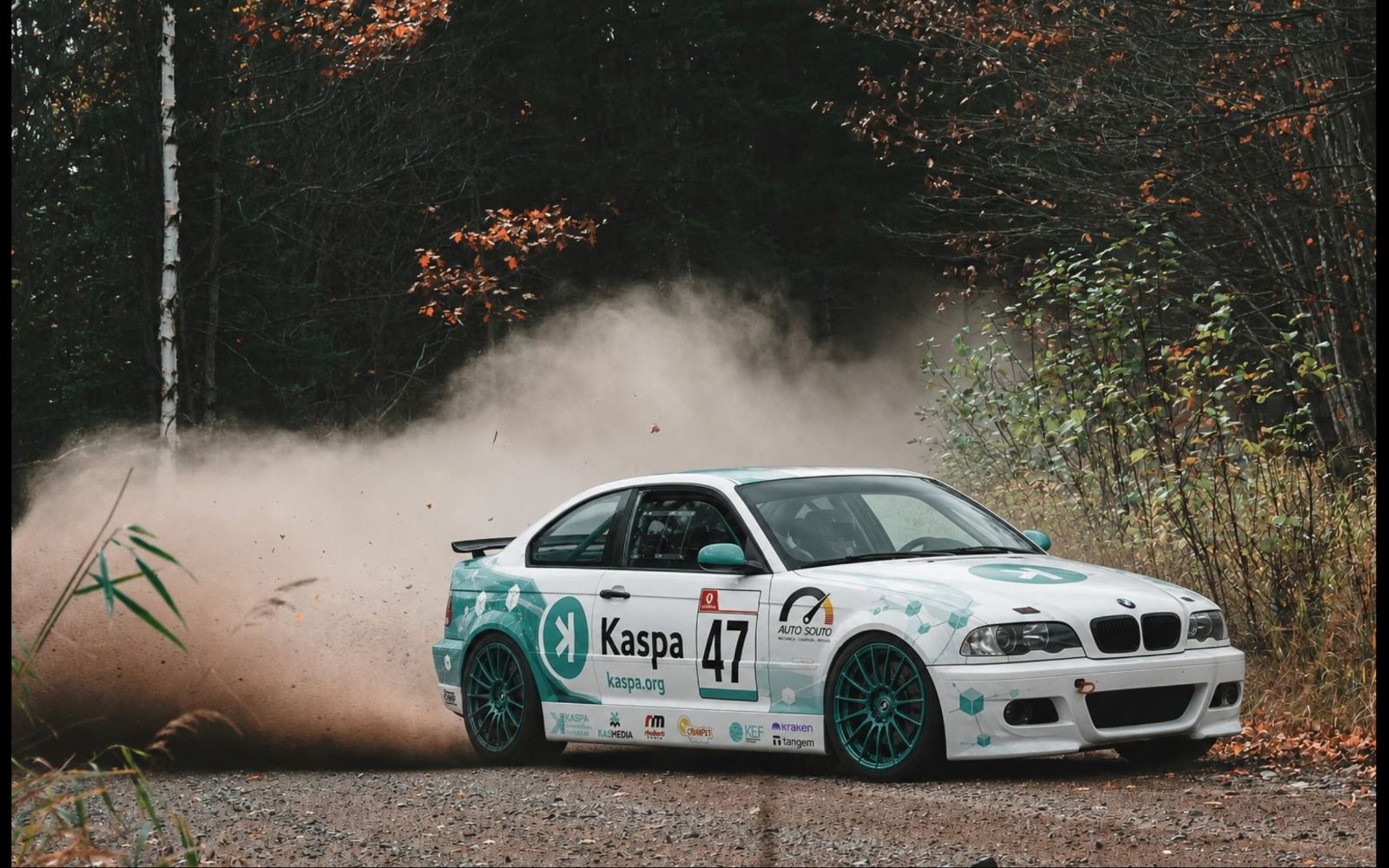 The Kaspa Rally BMW M3 in white with teal Kaspa livery and race number 47, sliding through a gravel forest corner and throwing up a wall of dust